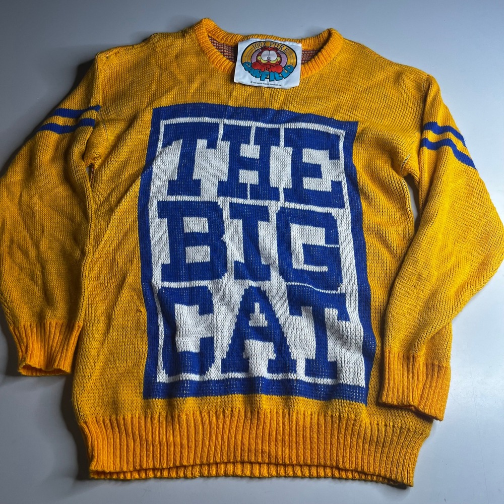 Vintage Garfield The Big Cat Knit Sweater Yellow Graphic Crew Neck Large Art